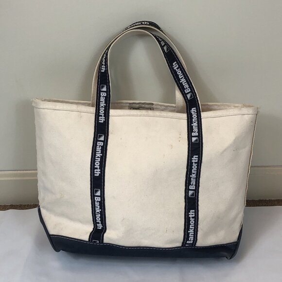 L.L. Bean Handbags - LL Bean Banknorth Boat & Tote Canvas Navy Blue Trim Small Bag Made in USA
